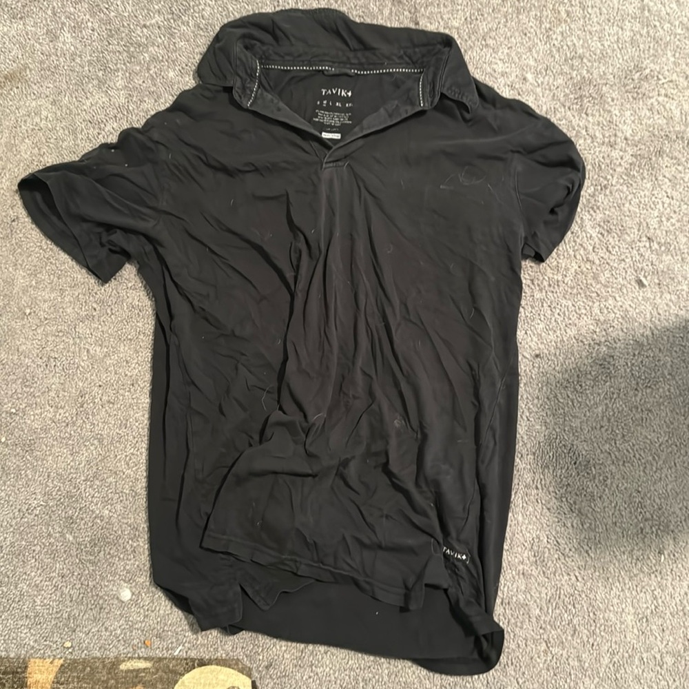 Black, short sleeved, v neck shirt.